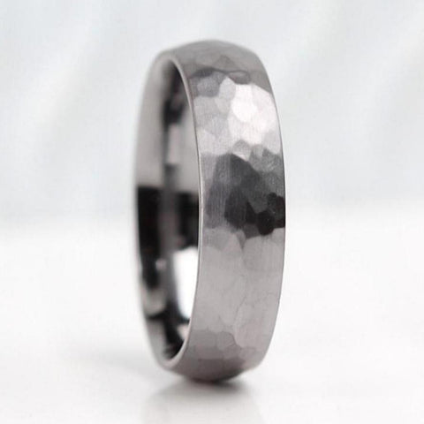 hammered tantalum wedding ring band for men in 5mm or 6mm wide. court profile with a polished inside and brushed matt outside