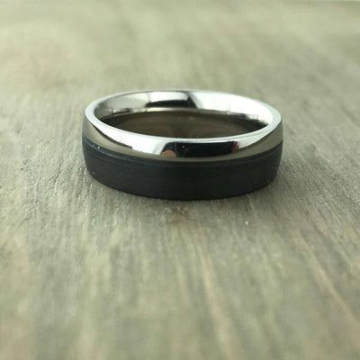  polished Titanium wedding ring band with black brushed carbon fibre. 9mm wide uk