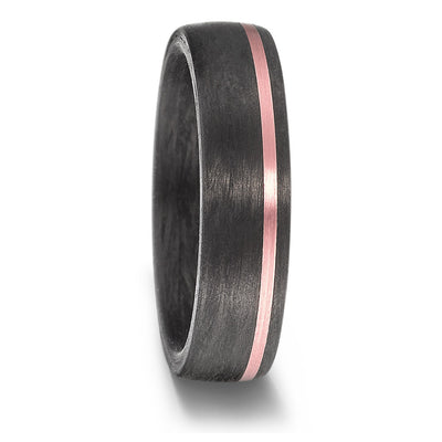 black carbon fibre wedding ring band. 6mm wide with a stripe of rose gold. black mans wedding ring uk