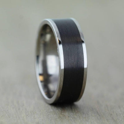 Titanium and black carbon fibre wedding ring band for men in 8mm polished finish d shape